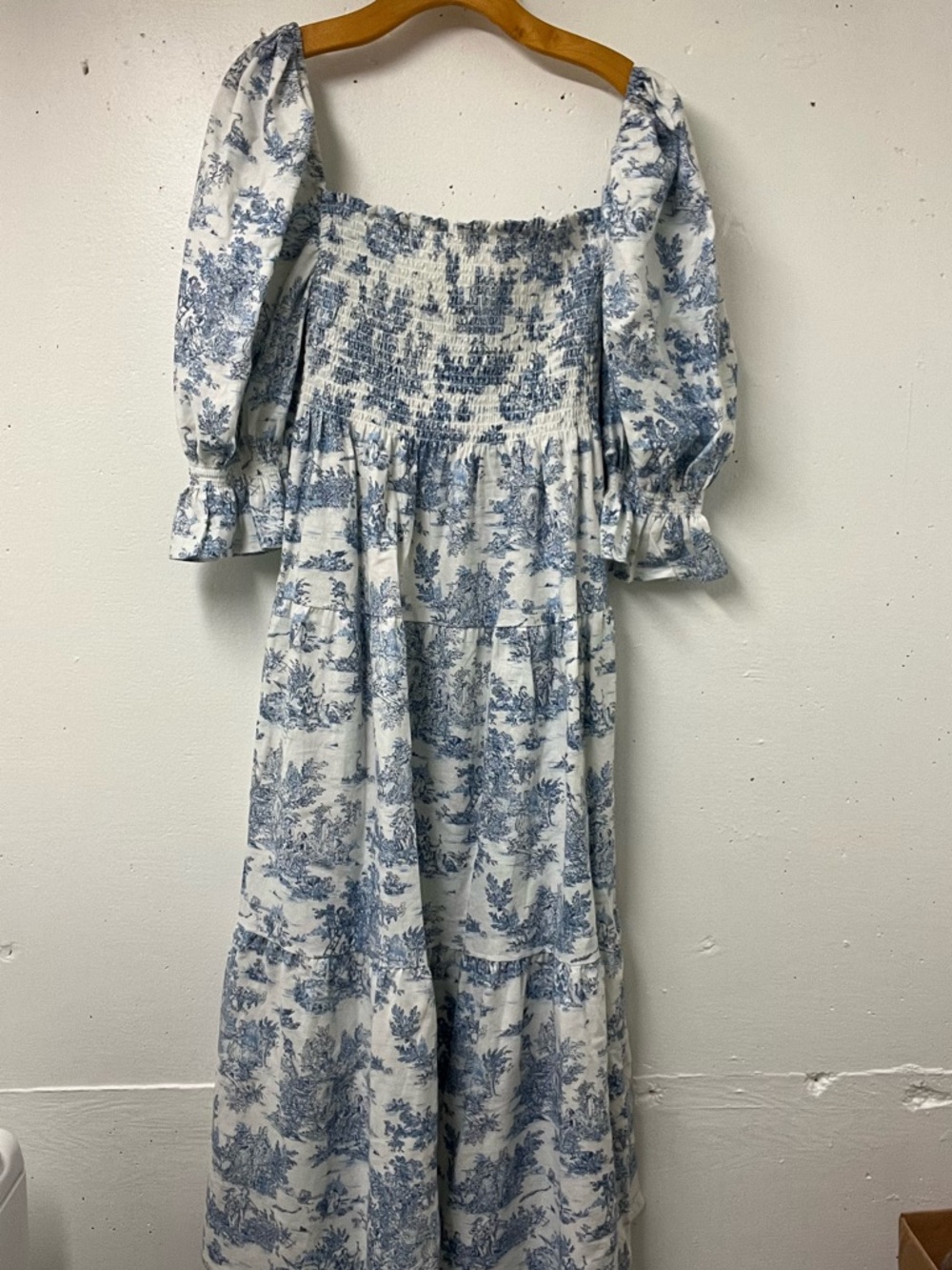 Smocked Square-Neck Midi Dress in Blue Toile - Picture 2 of 2
